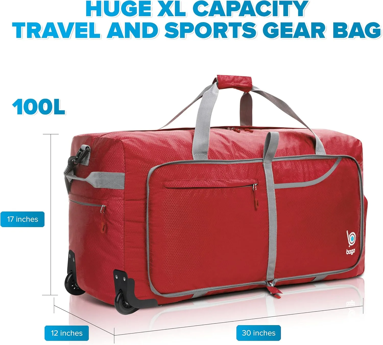 Bago Rolling Duffle Bag with Wheels - 30" 100L Foldable Weekender Bag, Waterproof Travel Duffel Bag, Heavy Duty lightWeight Duffle Bag for Traveling, Rolling Duffel Bag with Wheels (Red)