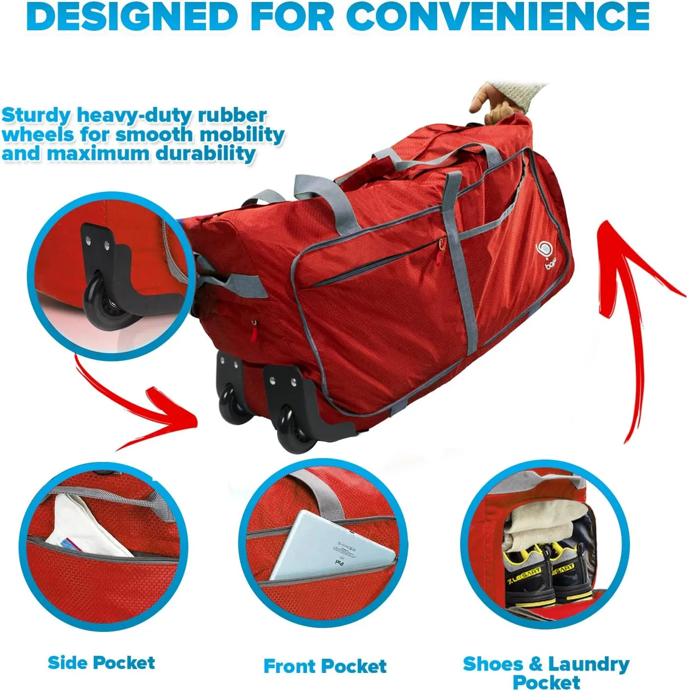 Bago Rolling Duffle Bag with Wheels - 30" 100L Foldable Weekender Bag, Waterproof Travel Duffel Bag, Heavy Duty lightWeight Duffle Bag for Traveling, Rolling Duffel Bag with Wheels (Red)