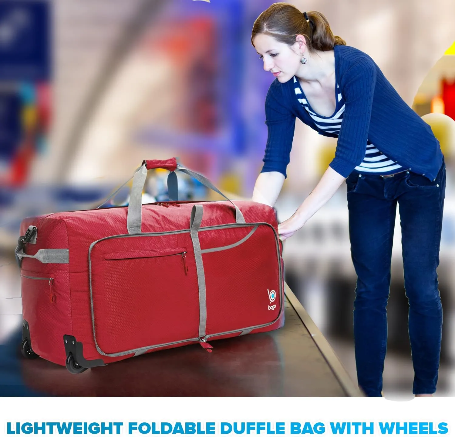 Bago Rolling Duffle Bag with Wheels - 30" 100L Foldable Weekender Bag, Waterproof Travel Duffel Bag, Heavy Duty lightWeight Duffle Bag for Traveling, Rolling Duffel Bag with Wheels (Red)