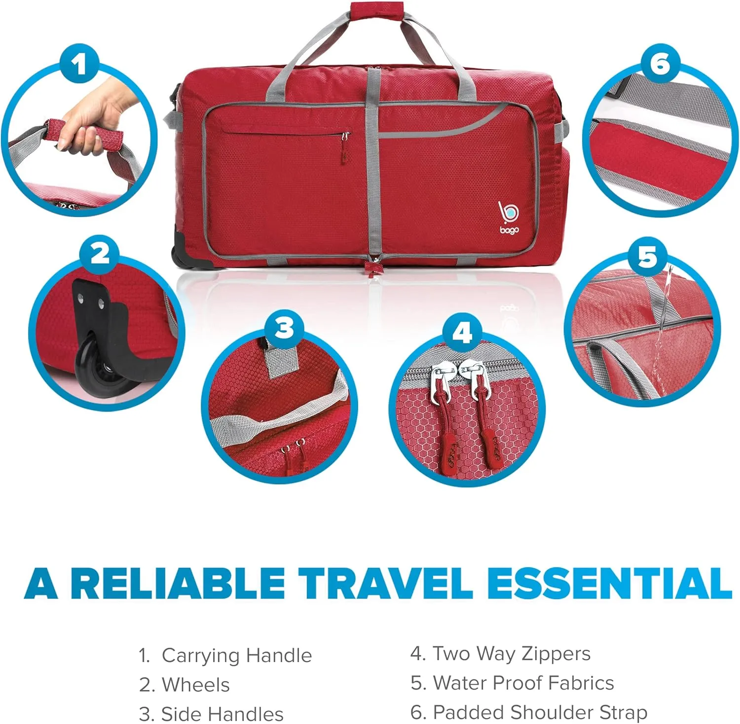 Bago Rolling Duffle Bag with Wheels - 30" 100L Foldable Weekender Bag, Waterproof Travel Duffel Bag, Heavy Duty lightWeight Duffle Bag for Traveling, Rolling Duffel Bag with Wheels (Red)