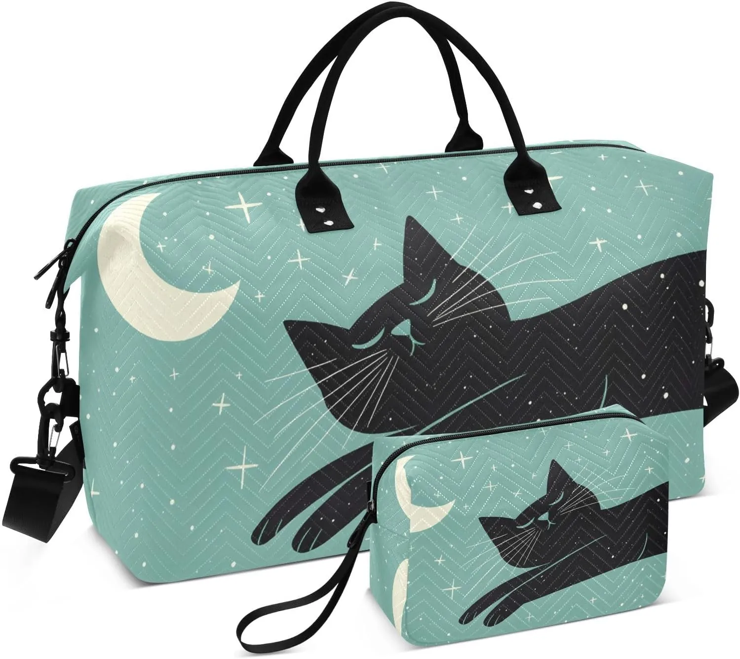 Duffel Bag Set for Travel Gym Sport, Weekender Bag Carry on Overnight Bags for Women Men-Black Cat Moon Print