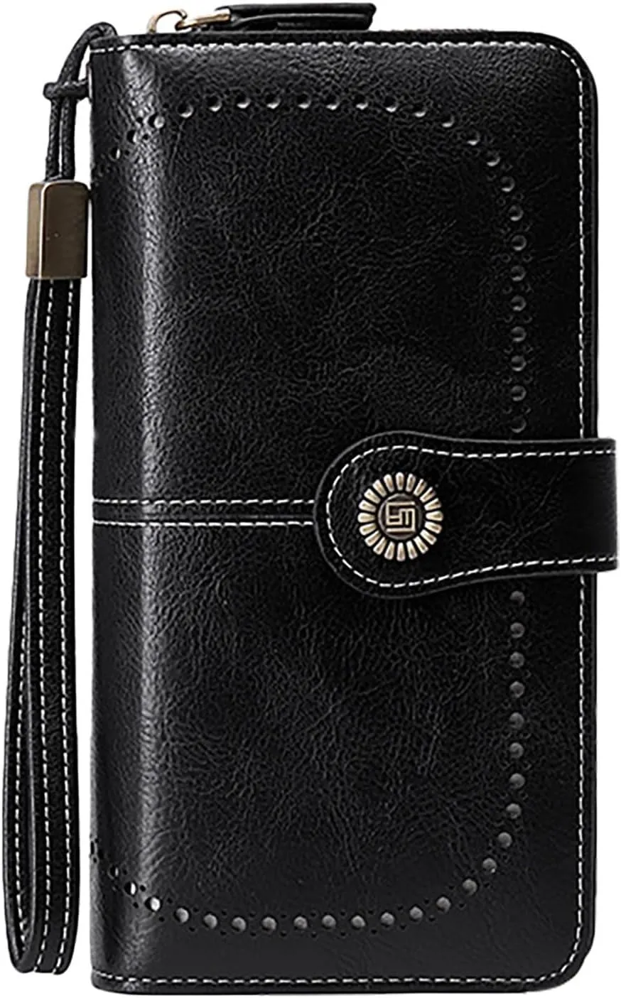 Rfid Wallet Women, Leather Wallet Wristlet, Bifold Rfid Blocking Large Capacity Zip Around Credit Card Wallet Clutch Purses