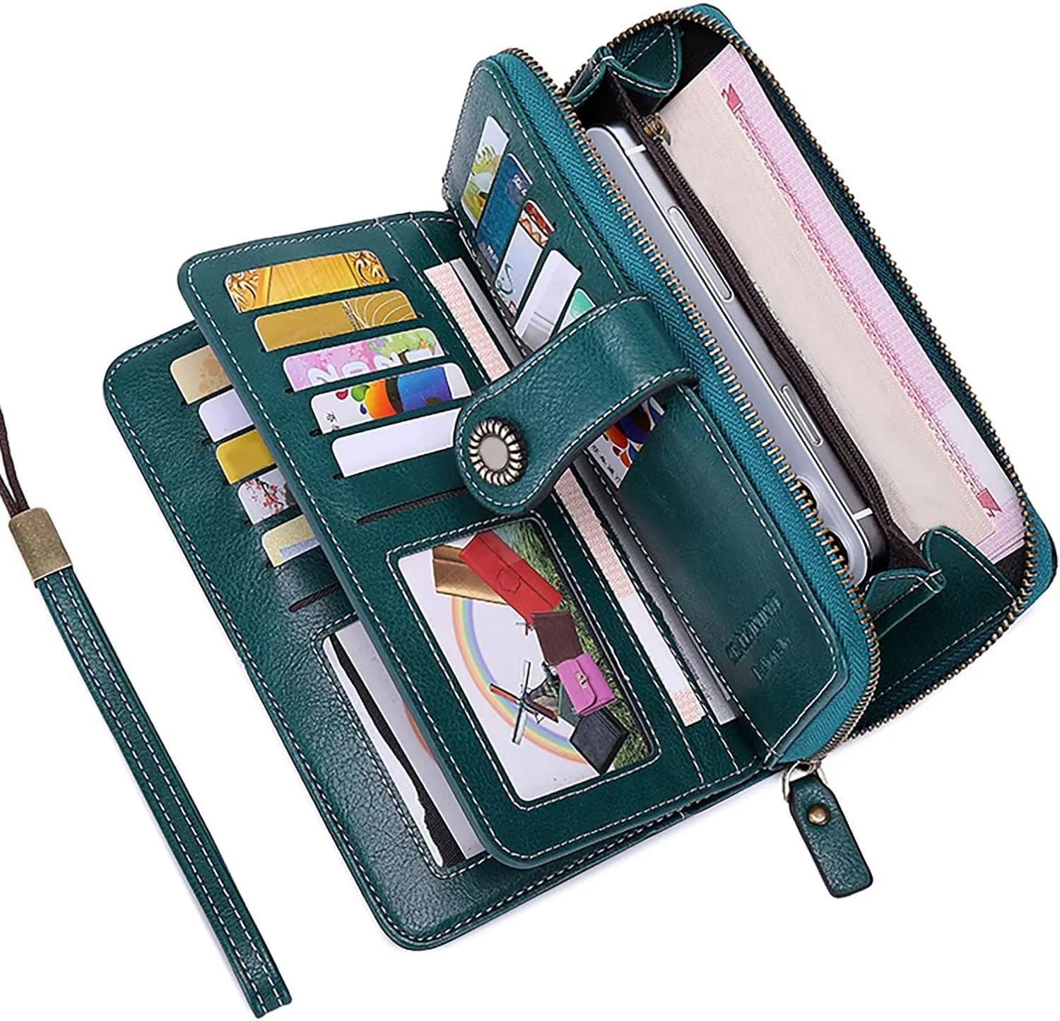 Rfid Wallet Women, Leather Wristlet Wallets, Large Capacity Rfid Blocking Zip Around Bifold Clutch Purses Credit Card Holder