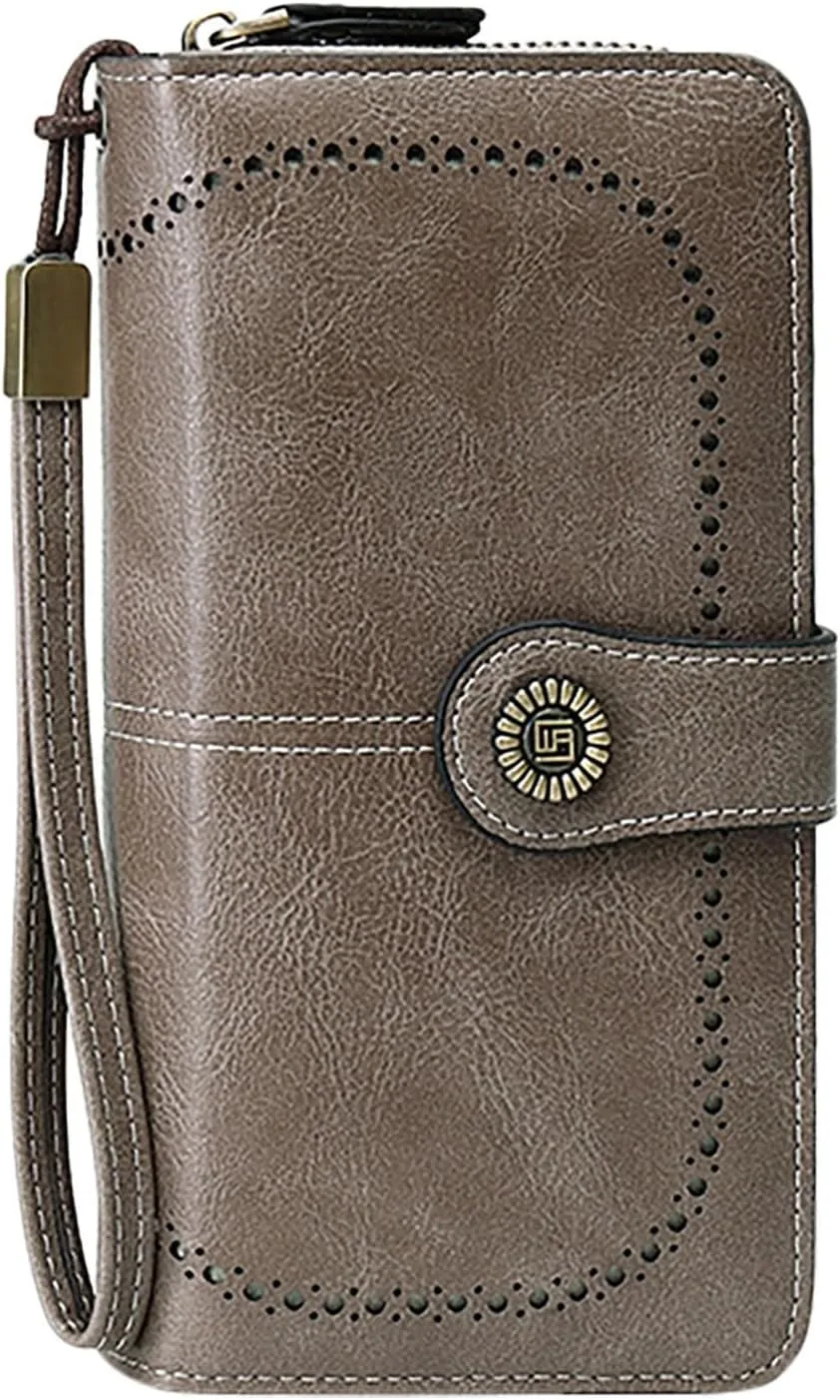 Rfid Wallet Women, Leather Wristlet Wallets, Large Capacity Rfid Blocking Zip Around Bifold Clutch Purses Credit Card Holder