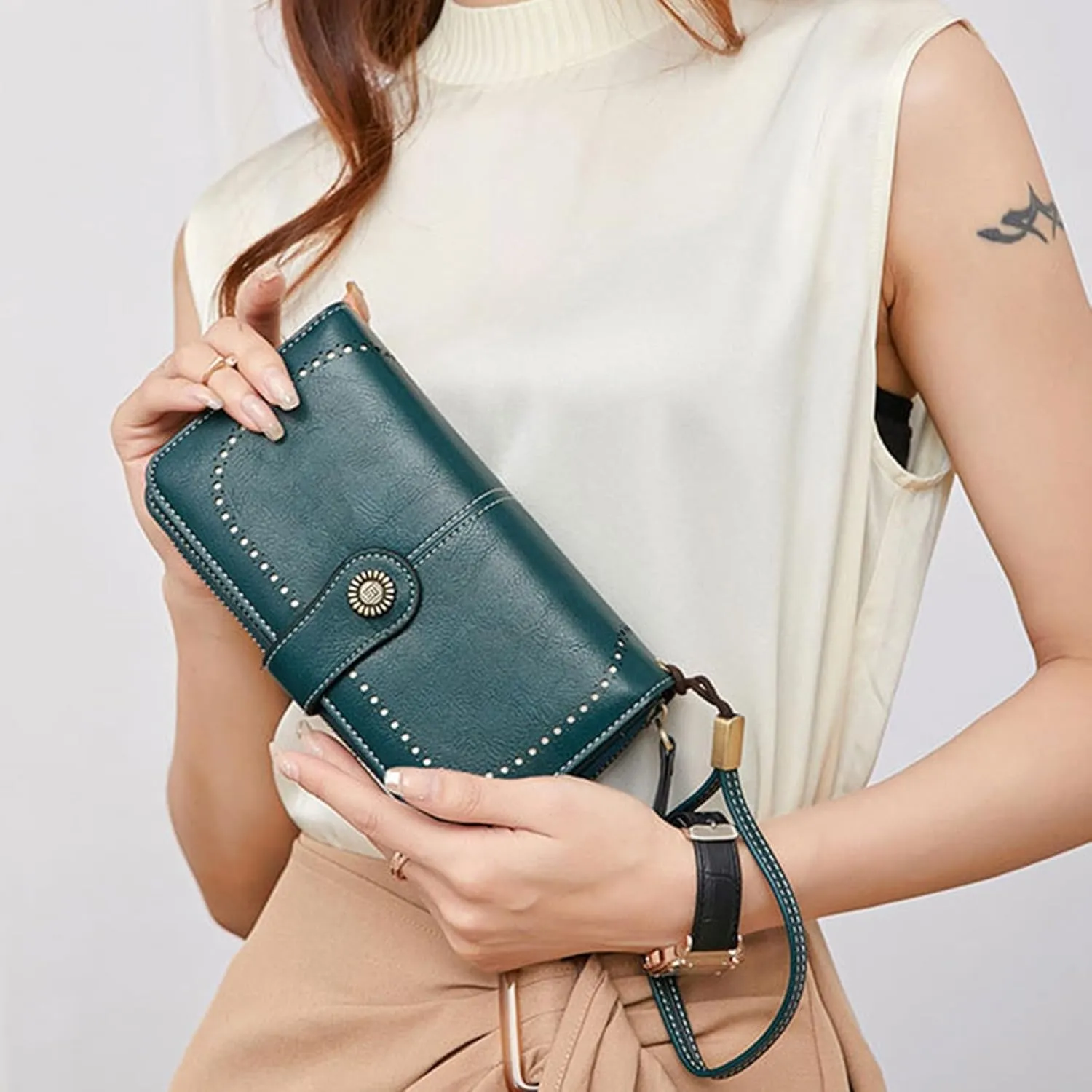 Rfid Wallet Women, Leather Wristlet Wallets, Zip Around Large Capacity Bifold Rfid Blocking Clutch Purses Credit Card Holder