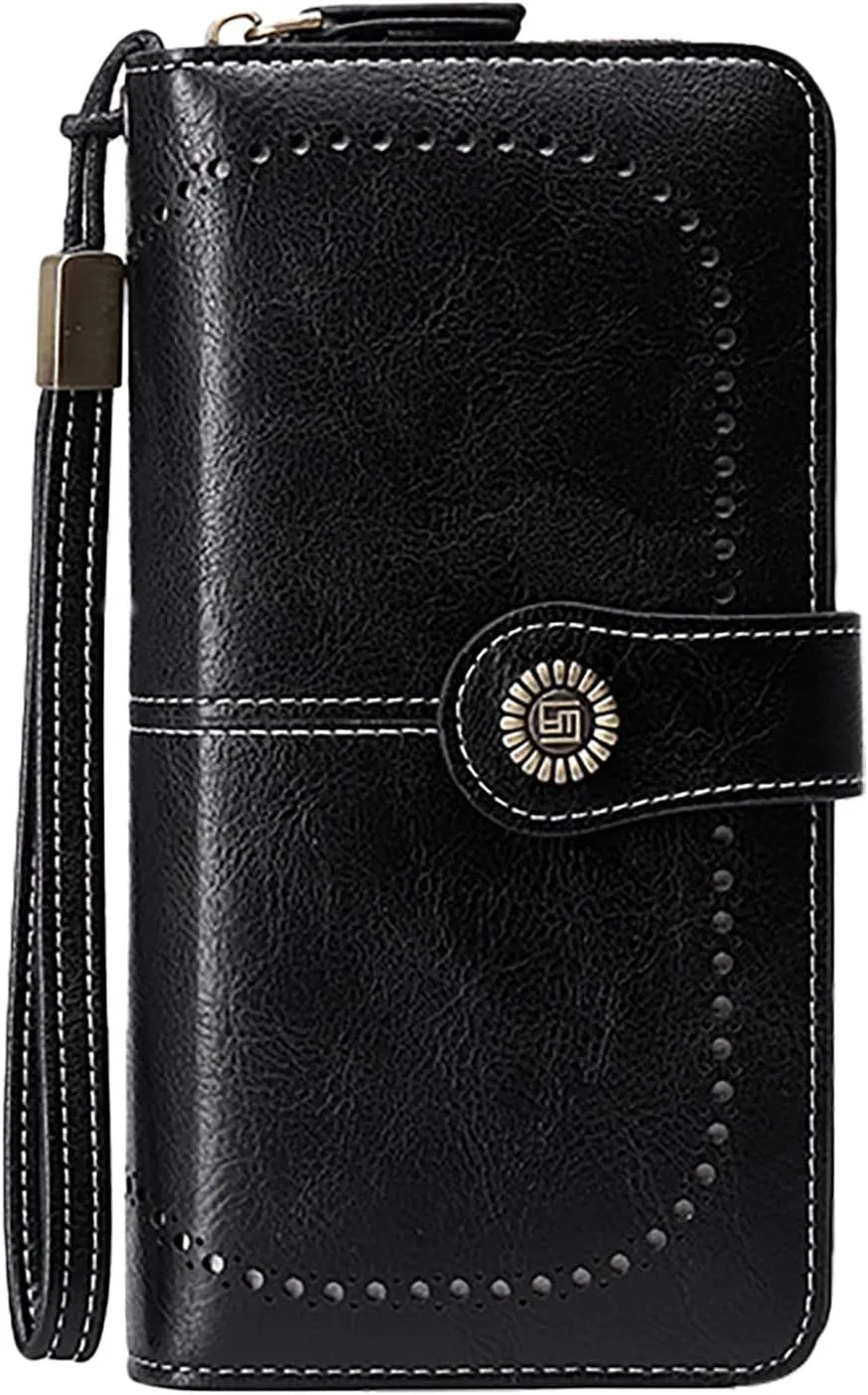Rfid Wallet Women,Leather Wallet Wristlet for Women,Large Capacity Rfid Blocking Zip Around Bifold Credit Card Wallet Clutch Purses,Travel Wallet for Ladies Women Mom Girls
