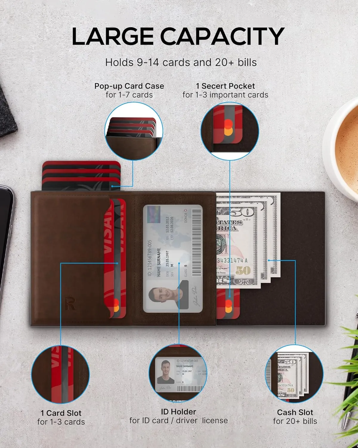 ROYAL KIT Mens Wallet Card Holder - Smart Wallet for Men, Pop Up Card Case, Top Grain Leather, RFID Blocking, Slim, Minimalist, Ultra-Thin, Front Pocket, 12 Card Capacity | ID Window | Cash Slot,