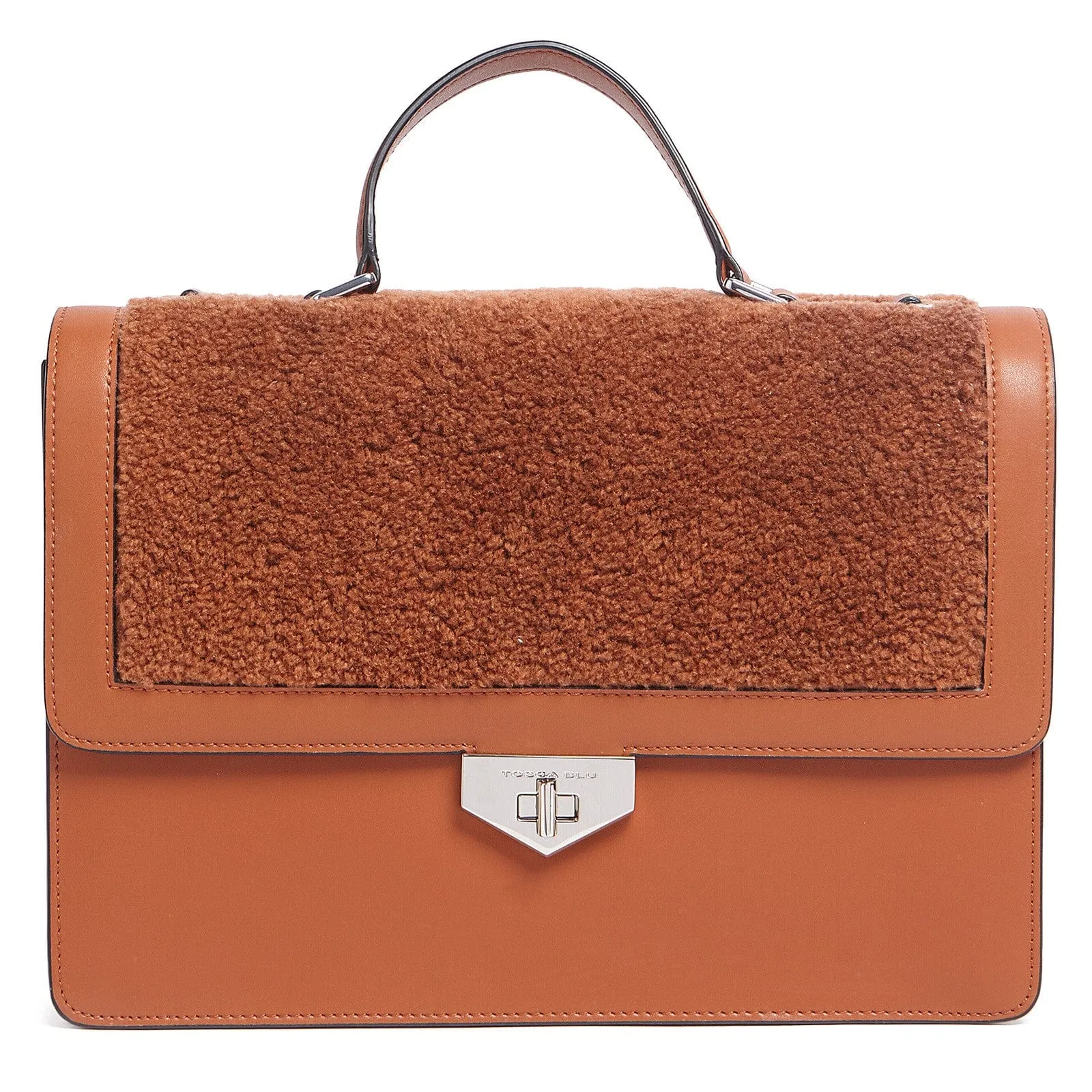 Tosca Blu Tan Medium Faux Shearling Flap Top Handle Bag