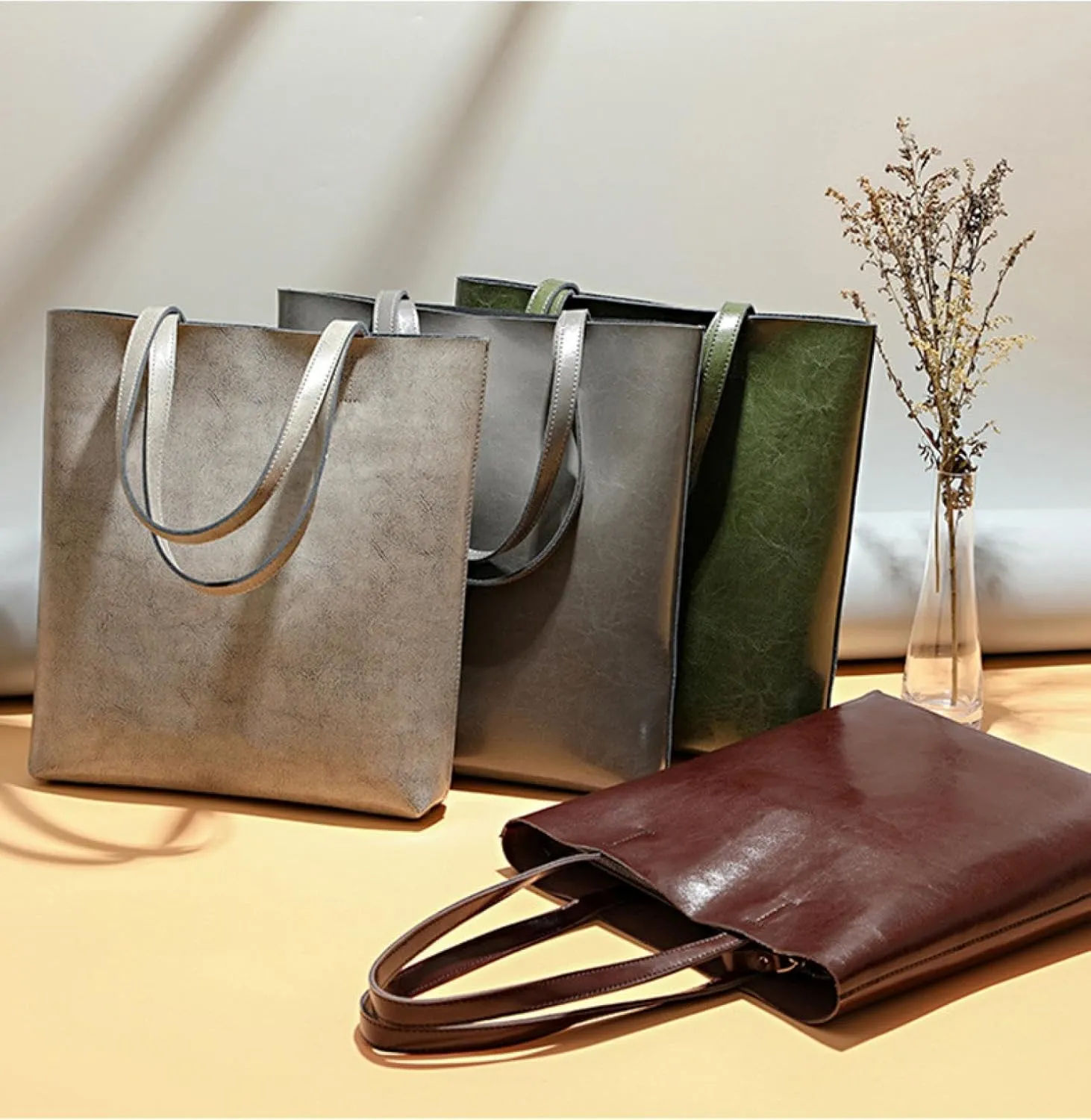 Vintage Large Capacity Waxed Cowhide Vertical Shoulder Tote Bag | Premium Genuine Leather Versatile High-end Handbag