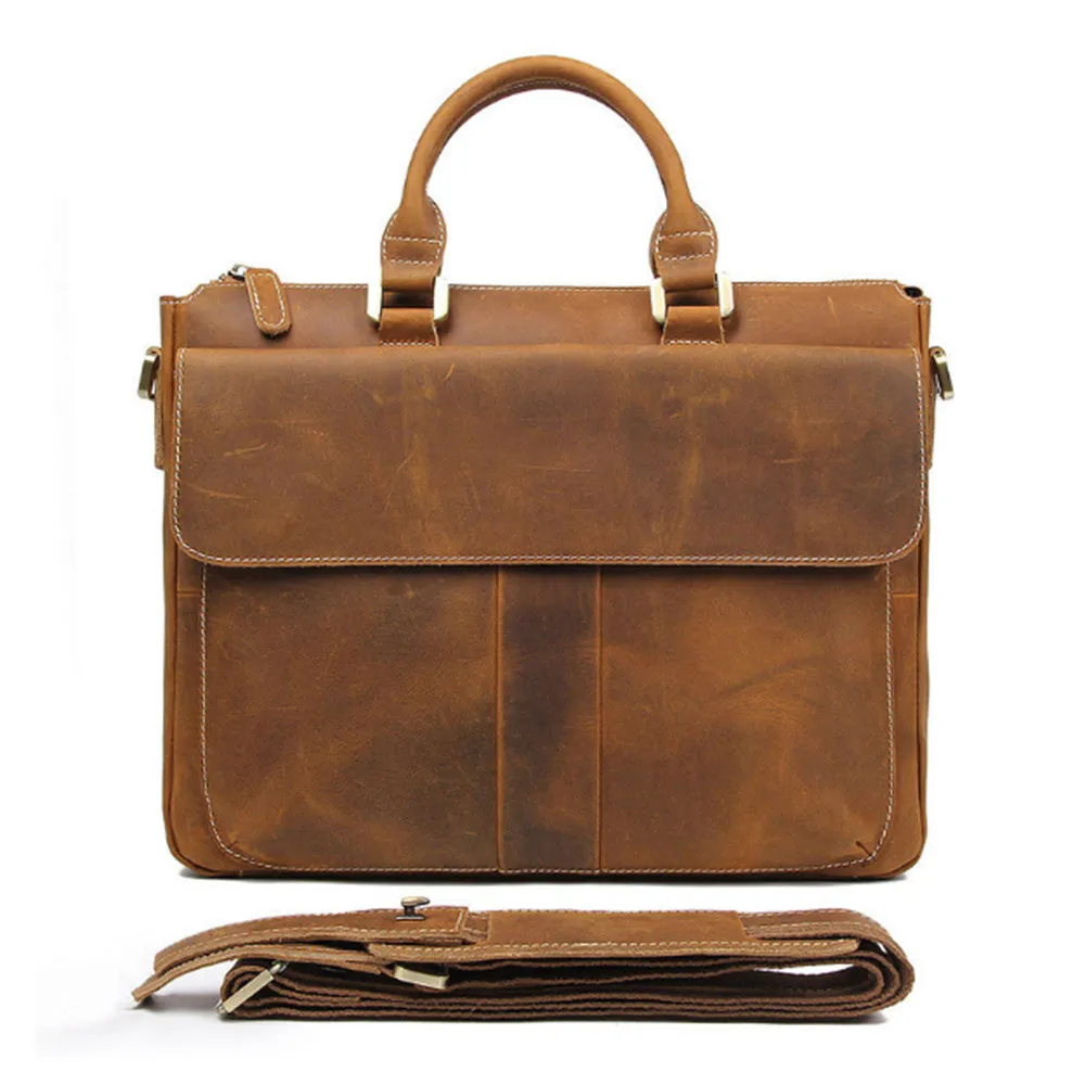 YAAGLE Men's Vintage Crazy Horse Leather Zipper Business Handbag YG7113