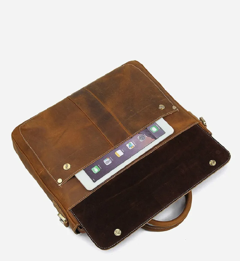 YAAGLE Men's Vintage Crazy Horse Leather Zipper Business Handbag YG7113