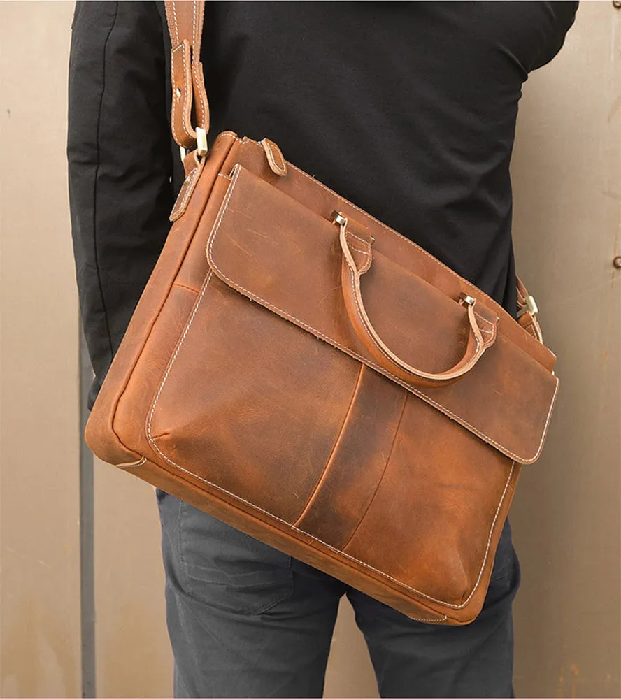 YAAGLE Men's Vintage Crazy Horse Leather Zipper Business Handbag YG7113