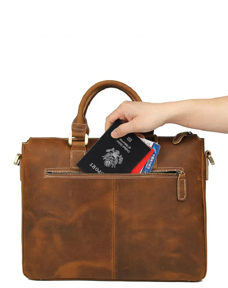 YAAGLE Men's Vintage Crazy Horse Leather Zipper Business Handbag YG7113
