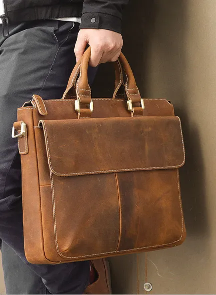 YAAGLE Men's Vintage Crazy Horse Leather Zipper Business Handbag YG7113