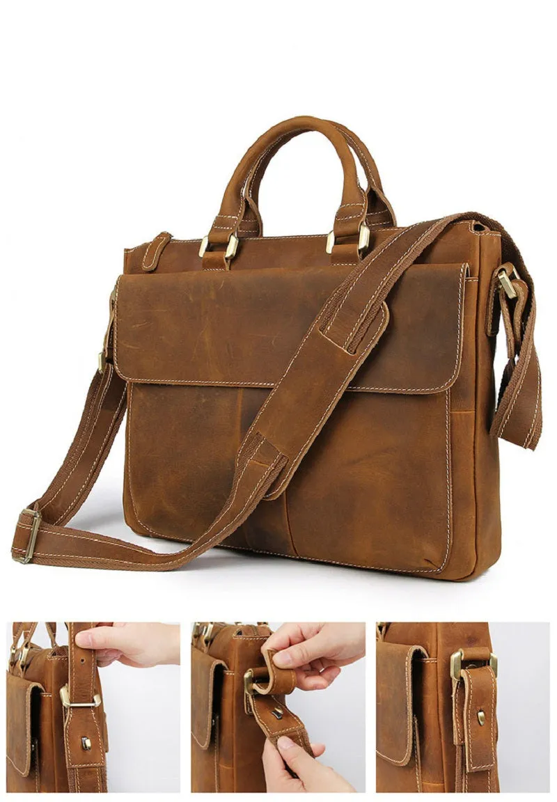 YAAGLE Men's Vintage Crazy Horse Leather Zipper Business Handbag YG7113