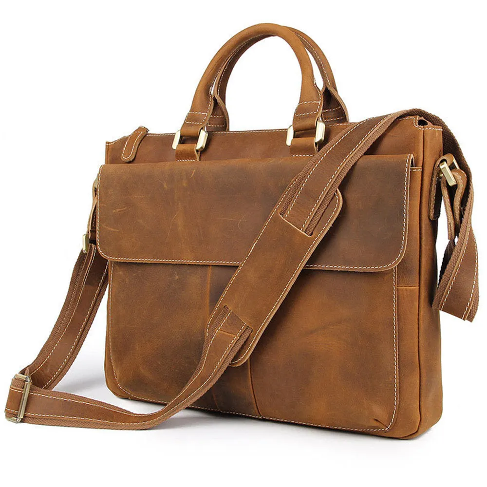 YAAGLE Men's Vintage Crazy Horse Leather Zipper Business Handbag YG7113