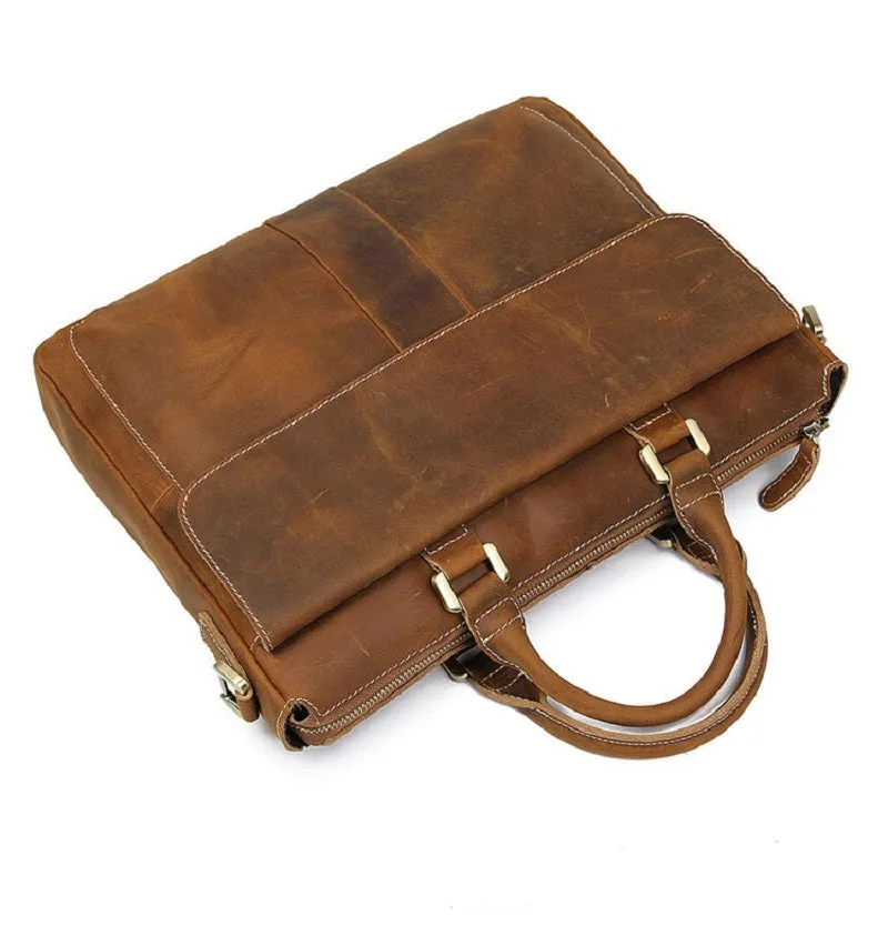 YAAGLE Men's Vintage Crazy Horse Leather Zipper Business Handbag YG7113