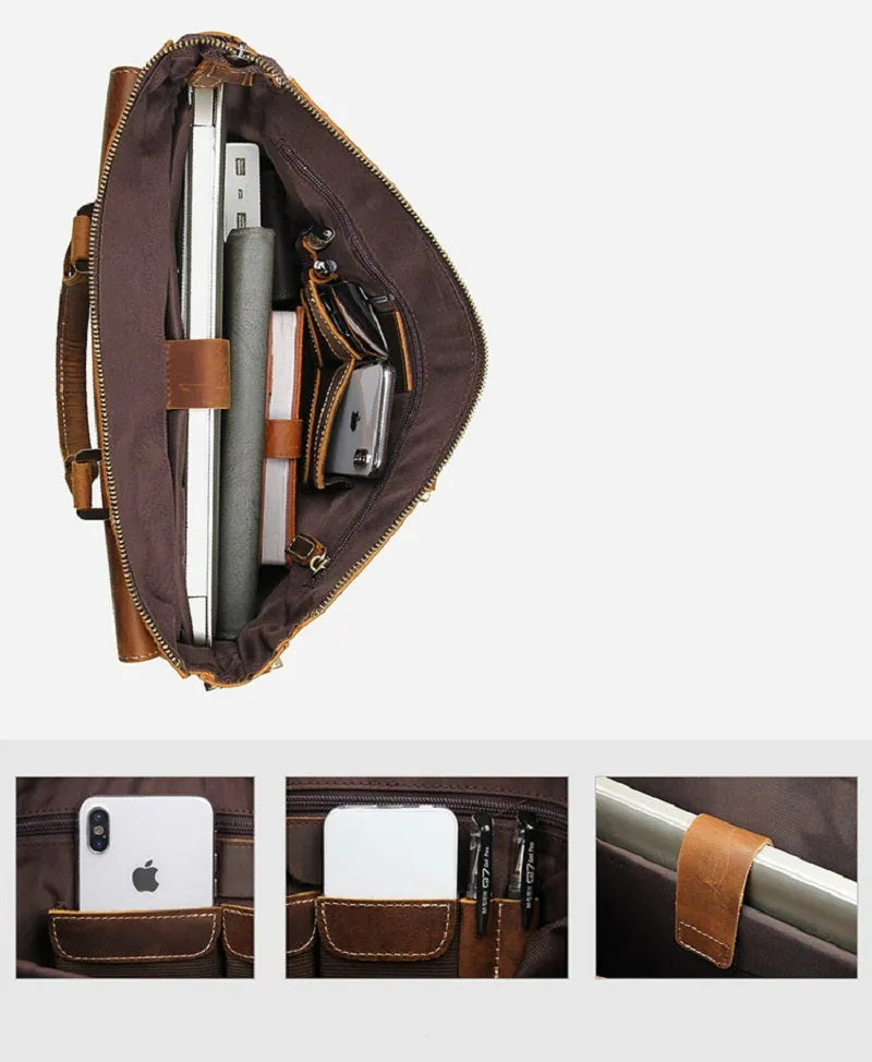 YAAGLE Men's Vintage Crazy Horse Leather Zipper Business Handbag YG7113