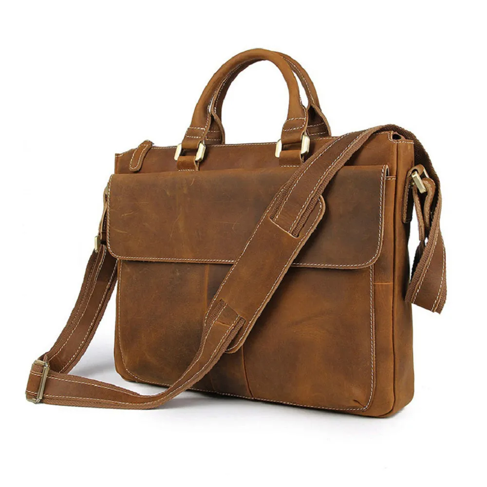 YAAGLE Men's Vintage Crazy Horse Leather Zipper Business Handbag YG7113