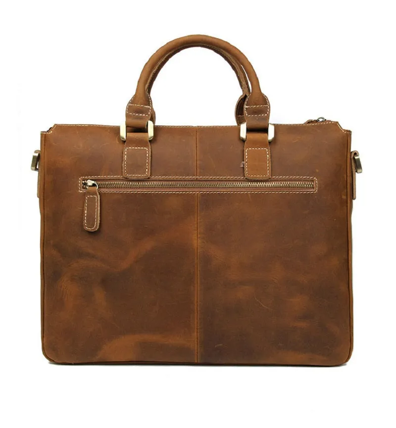 YAAGLE Men's Vintage Crazy Horse Leather Zipper Business Handbag YG7113
